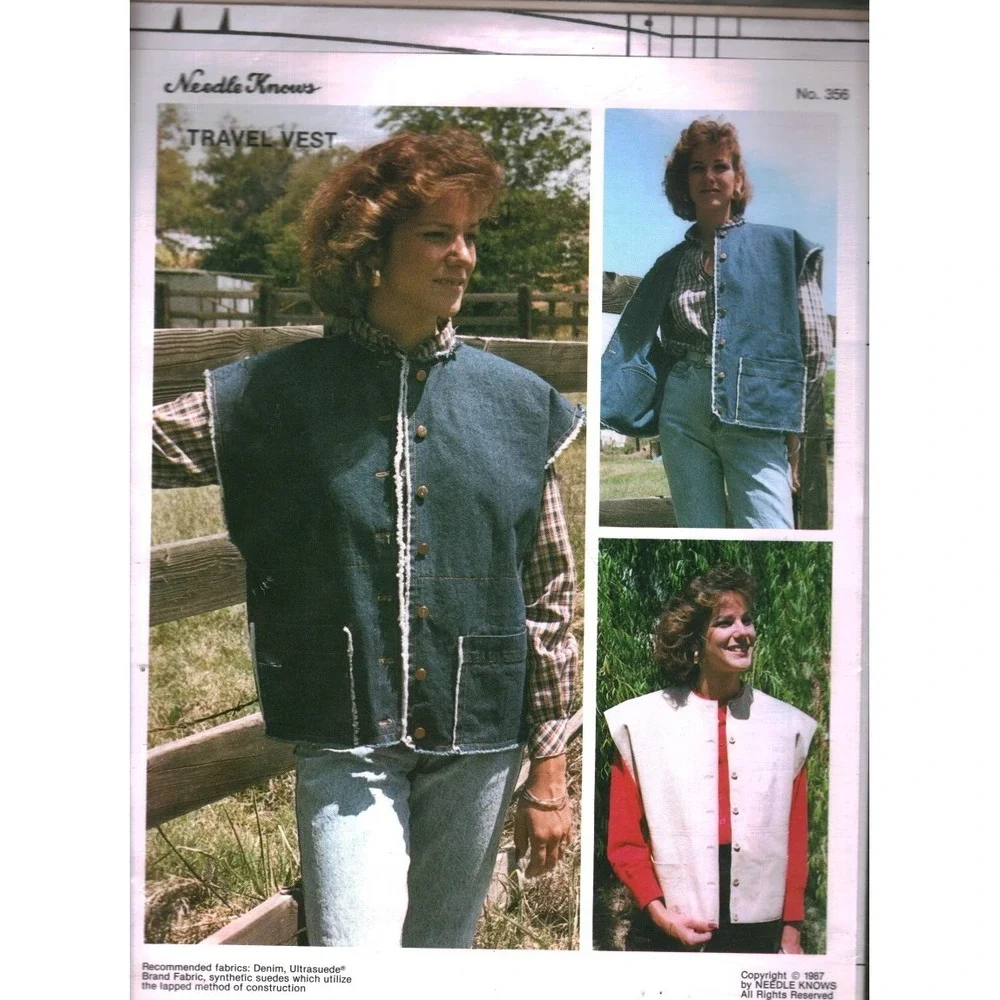 Vintage 1987 Needle Knows Travel Vest Sewing Pattern 356 Denim Suede Multi-Size